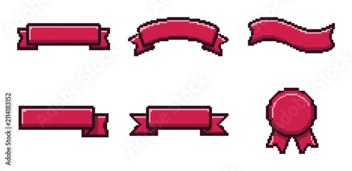 Red pixel art ribbon and banner set for digital interface graphic design