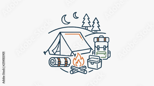 Obraz na płótnie Camping illustration with tent fire and gear under moonlight.