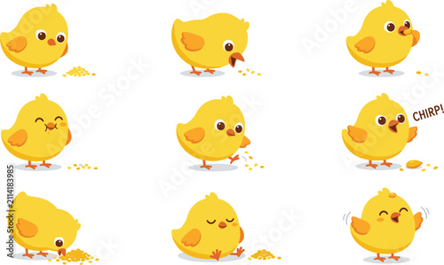 Bild auf Leinwand Cute Cartoon Baby Chick Vector Character Set Showing Small Yellow Bird Eating Se