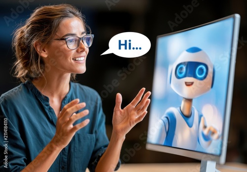 Woman with glasses interacting with a friendly robot on a computer screen in a virtual conversation