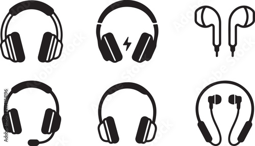 Six different types of headphones and earbuds icons set Vector