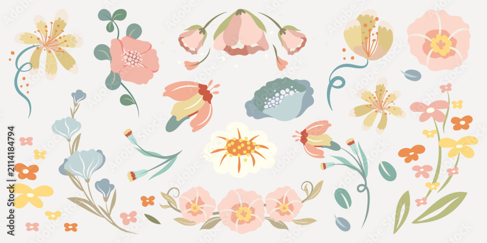 Obraz premium Vector of colorful, abstract floral designs with various flowers and leaves.