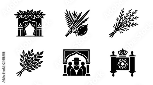 Set of six Jewish Sukkot holiday icons with Sukkah, Lulav, and Torah.
