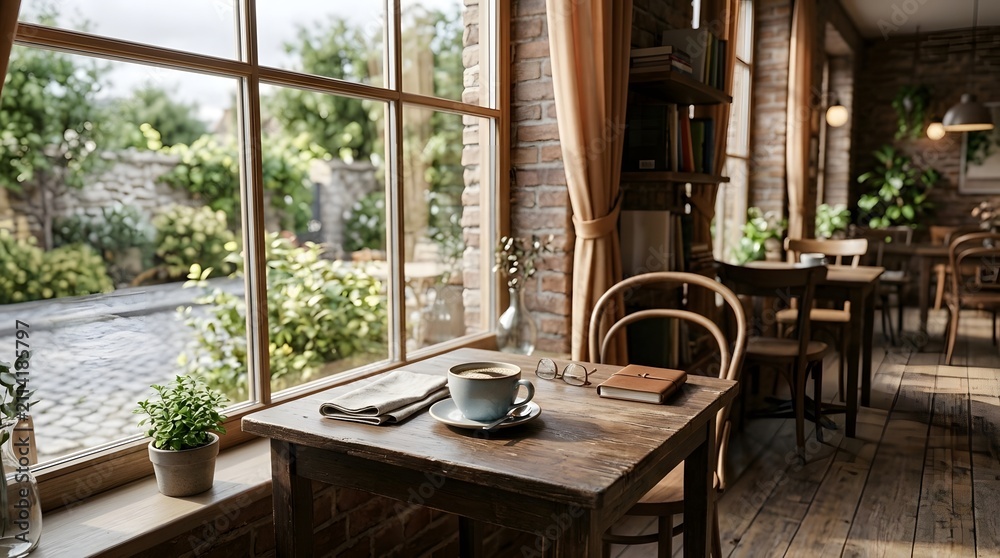 Fototapeta premium Cozy Cafe Table Coffee Window Illustration