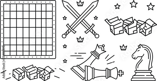 Bild auf Leinwand Chess game strategy icons set chessboard crossed swords boxes knight king queen