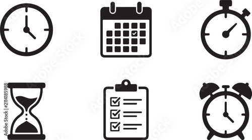 Set of six black flat design time management icons Vector