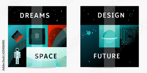 Quadro su tela retro futuristic posters with astronaut and planet vector illustration space fut