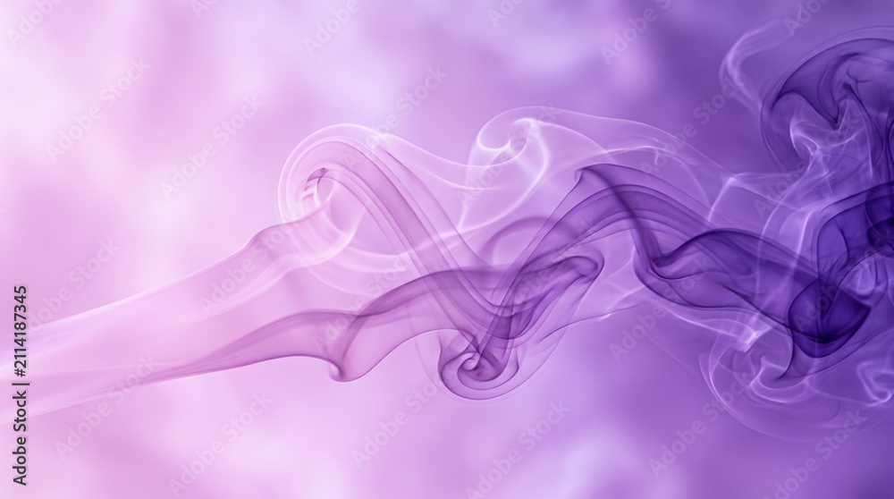 Obraz premium Purple smoke drifts gracefully through the frame in a captivating dance of ethereal forms, offering a soft aesthetic that provides abundant copy space for your creative typography and design needs.