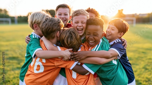 Kids soccer team celebrating in colorful jerseys on grass field at sunset