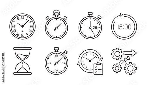 Bild auf Leinwand Time and clock icons set, stopwatch, timer, time management concept, progress ba