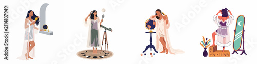 Bild auf Leinwand A collection of four illustrations featuring women in elegant loungewear, incorporating celestial themes like astronomy, astrology, moon phases, and zodiac symbols