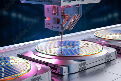Robotic arms with silicon wafers for semiconductor manufacturing