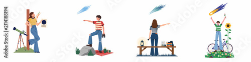Bild auf Leinwand Set of illustrations featuring young people observing comets and celestial events with various tools like telescopes and binoculars in outdoor settings