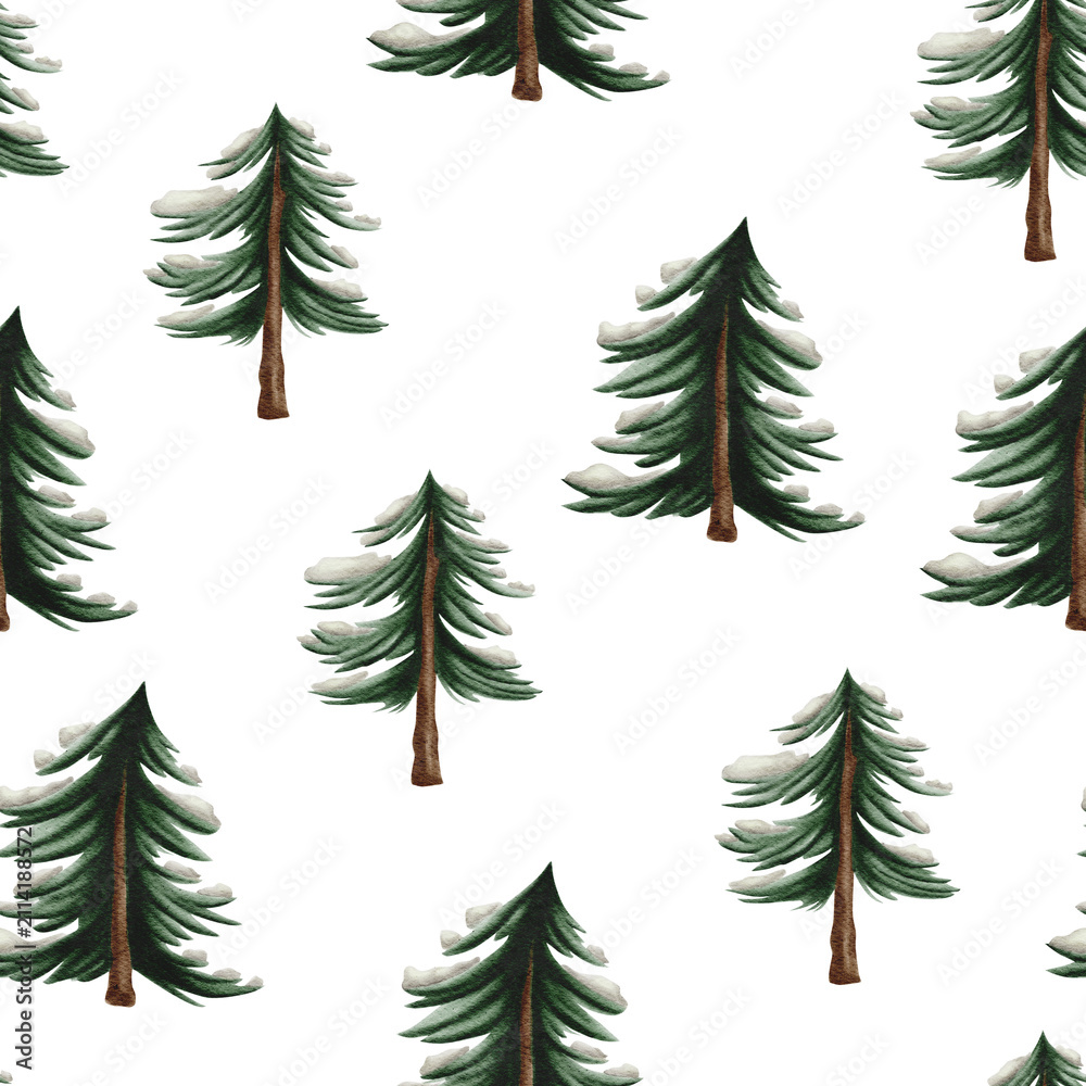 Obraz premium Seamless pattern of illustrated pine trees with snow-capped branches evenly distributed backdrop creating a winter-themed design element.