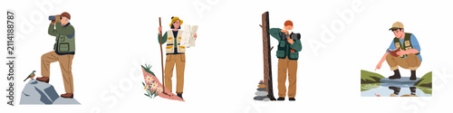 Картината върху платно Set of diverse naturalists and outdoor enthusiasts engaging in birdwatching, hiking with a map, wildlife photography, and nature observation in flat vector style