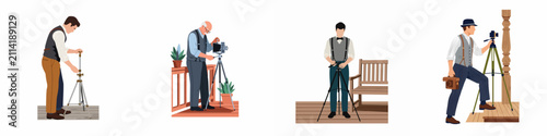 Tableau sur toile Collection of vintage photographers in retro attire operating antique cameras on tripods, isolated on a white background
