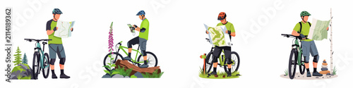 Foto Flat vector set of mountain bikers checking maps and navigating their route during outdoor adventures in nature