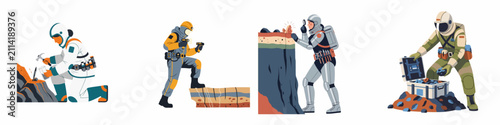 Bild auf Leinwand Set of futuristic space geologists and miners in spacesuits exploring and collecting mineral samples on a distant planet
