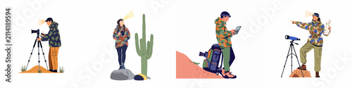 Foto Collection of illustrations showing people observing wildlife and the night sky with cameras, telescopes, and headlamps in a desert environment