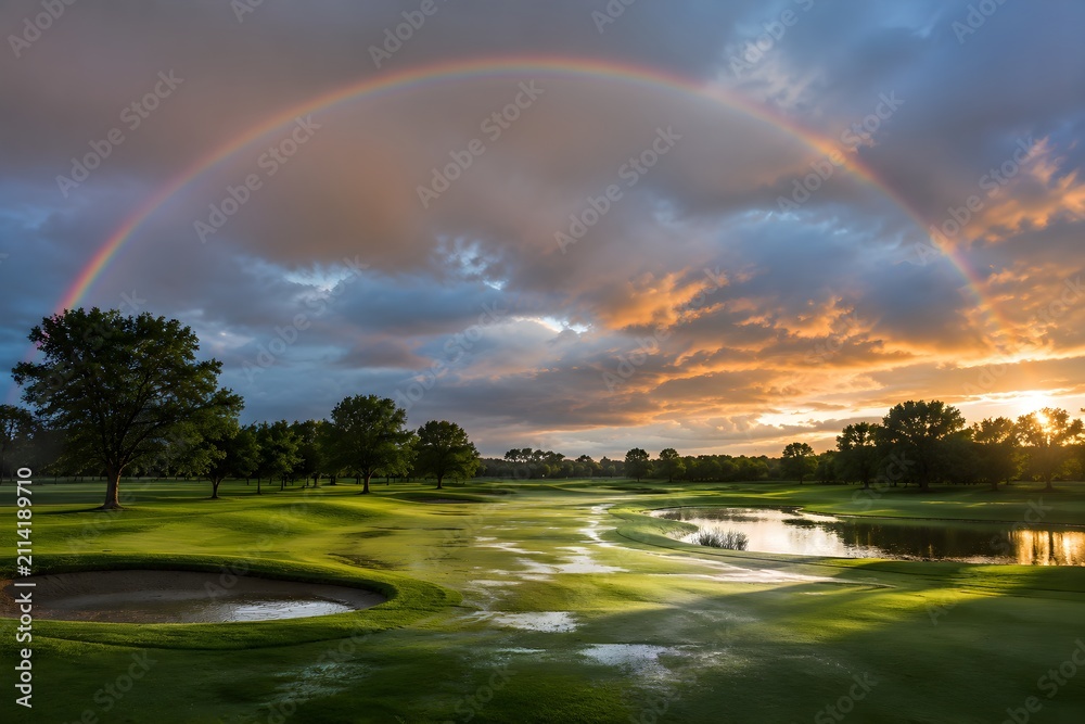 Obraz premium Golf Course After Storm with Rainbow Above Wet Fairways for Panoramic Landscape Photography Scene View