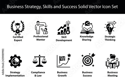 Business strategy icon set solid vector illustrations depicting concepts of expertise mentorship and growth development