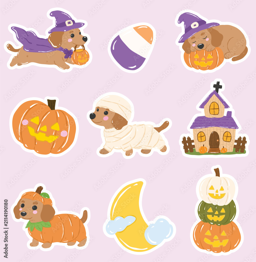 Fototapeta premium Cute Dachshund dog Halloween sticker sheet pack set with witch costume, mummy dog, pumpkin, moon, and haunted house for printable die cut planner stickers