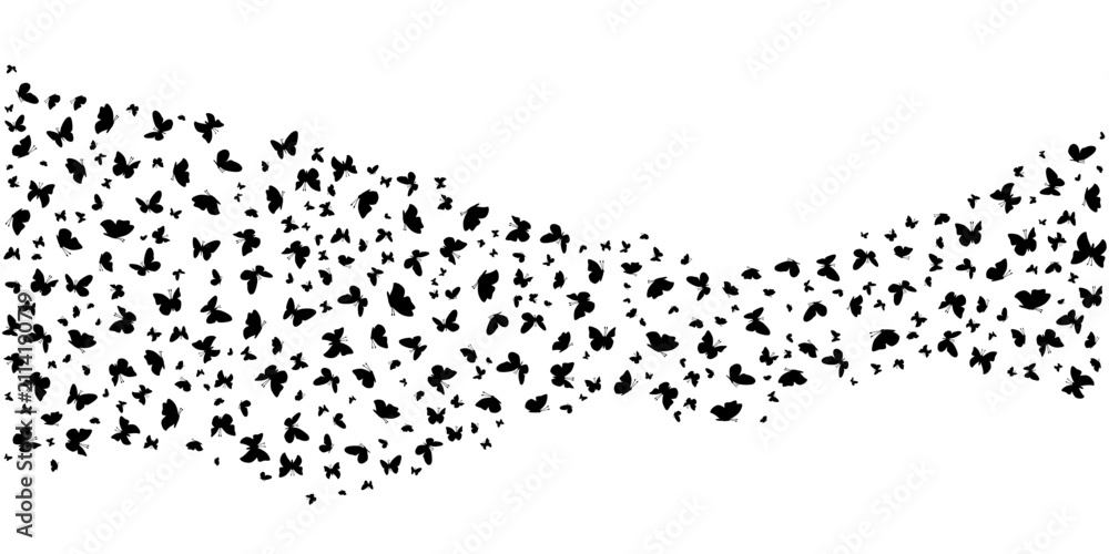 Obraz premium Butterflies flock background template. Black silhouette of flying butterfly on white background.