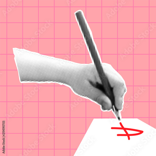 Halftone child`s hand holding pen. Kid palm writing collage element cut out