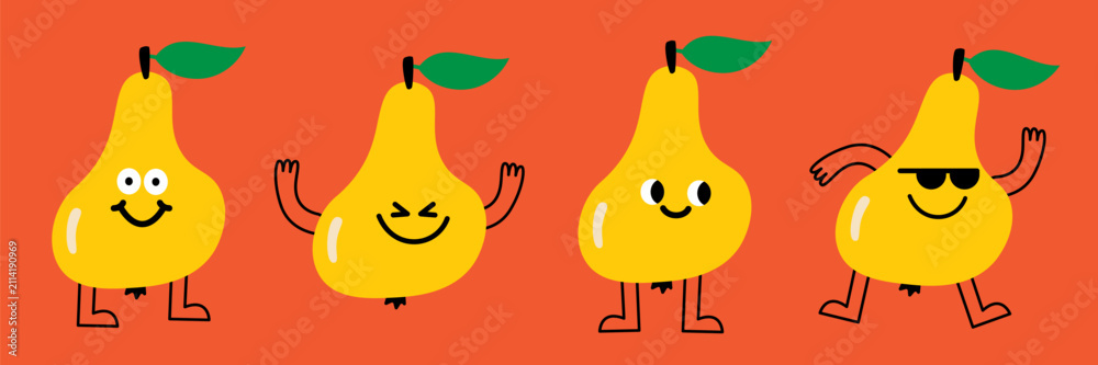 Fototapeta premium Funny and cute pear characters with different emotions. Playful fruit illustration