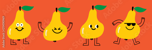 Funny and cute pear characters with different emotions. Playful fruit illustration
