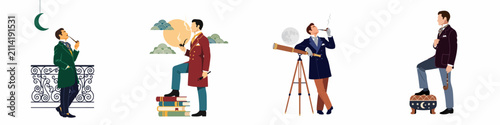 Tableau sur toile Set of four vintage illustrations of an elegant Victorian gentleman smoking a pipe in various settings like a balcony, library, and observatory