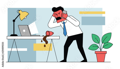 Frustrated office worker shouts on his mobile phone after accidentally spilling coffee over his desk and laptop.