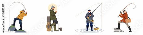 Foto Set of diverse fisherman illustrations in various outdoor poses with fishing gear, rods, and catch against a white background