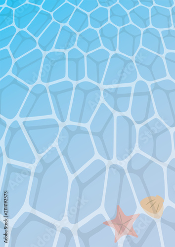 縦向きの貝殻とヒトデの青い海の水中背景