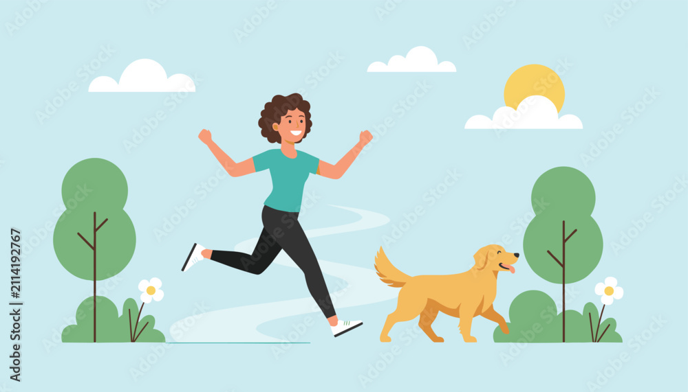 Fototapeta premium Energetic young woman with curly hair enjoys jogging with her friendly golden retriever dog in a green city park.