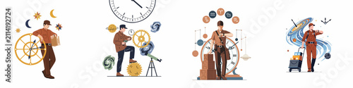 Quadro su tela Conceptual flat vector illustrations of a delivery worker navigating time, space, and the zodiac to ensure punctual global logistics and shipping