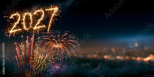Celebrate Happy New Year 2027 with glowing sparkler numbers and colorful fireworks bursting over a blurred night city skyline background. Perfect for holiday banners and cards.