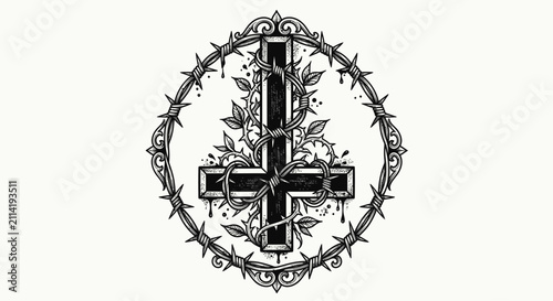 Foto Inverted cross tattoo art in black and white with barbed wire, thorns and blood