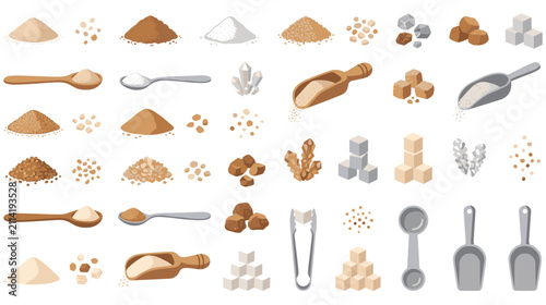 Obraz na płótnie Various types of sugar granules cubes crystals and scoops in different forms
