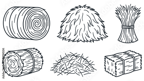 Konstfotografi Hay and straw collection set with round bales haystacks and sheaves