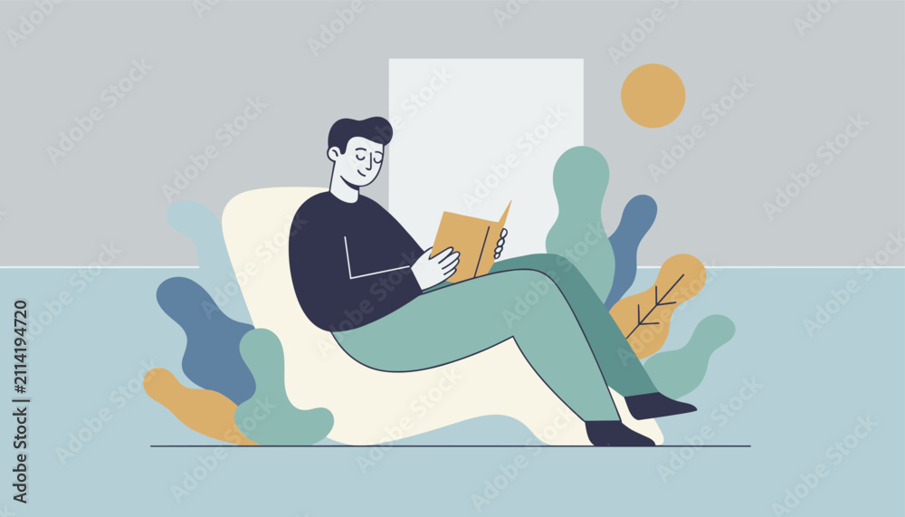 Fototapeta premium Relaxed young man sits comfortably in a lounge chair reading a book surrounded by soothing botanical plants and nature.