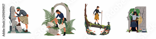 Obraz na plátně Set of flat vector illustrations depicting archaeologists and explorers discovering ancient ruins, hidden passages, and navigating through lush forests and jungles