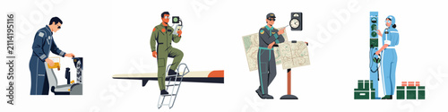 Canvas Print Set of diverse military pilots and flight crew members performing pre-flight checks, mission planning, and operating equipment, professional flat vector illustration