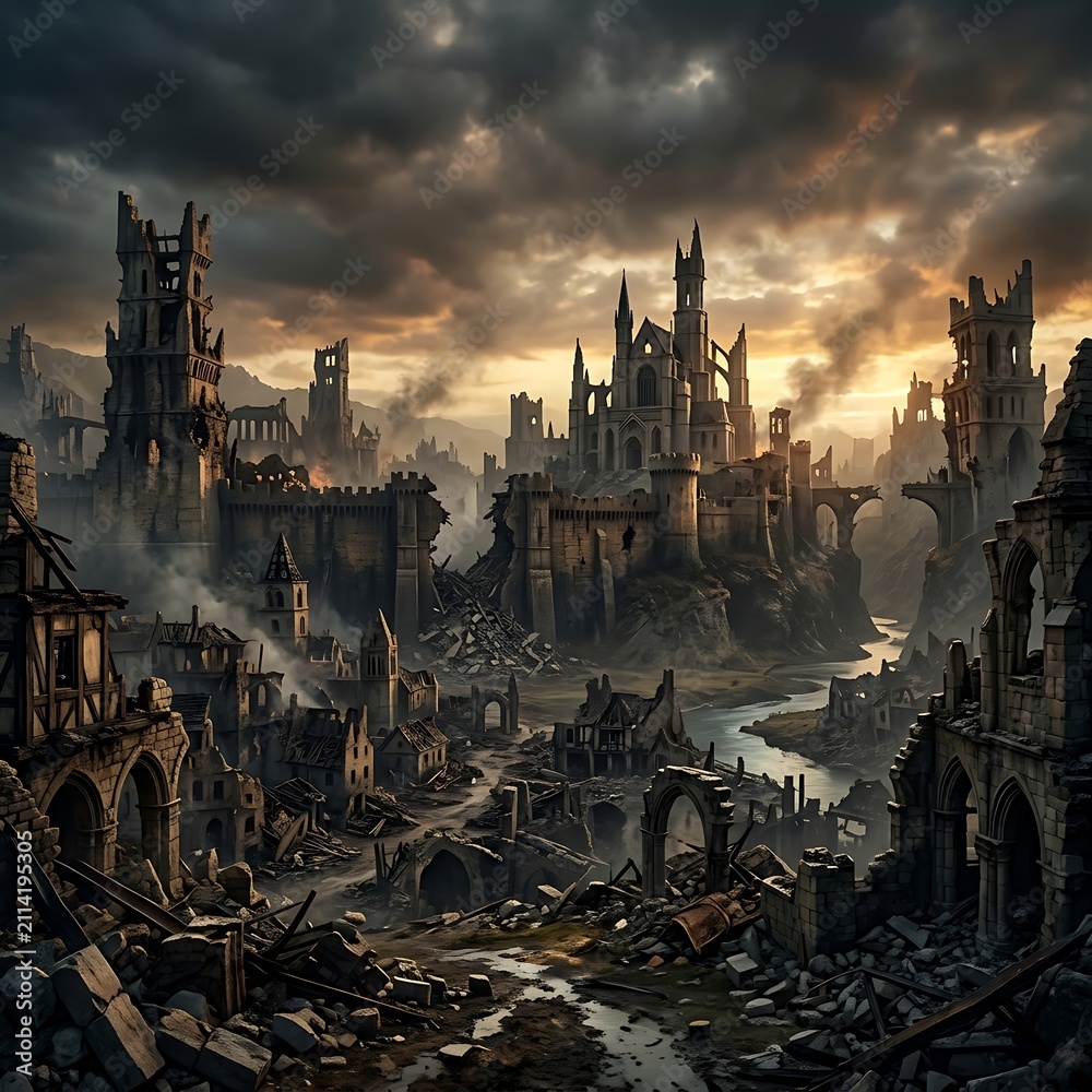 Naklejka premium Dark medieval city under stormy sky with ruins.