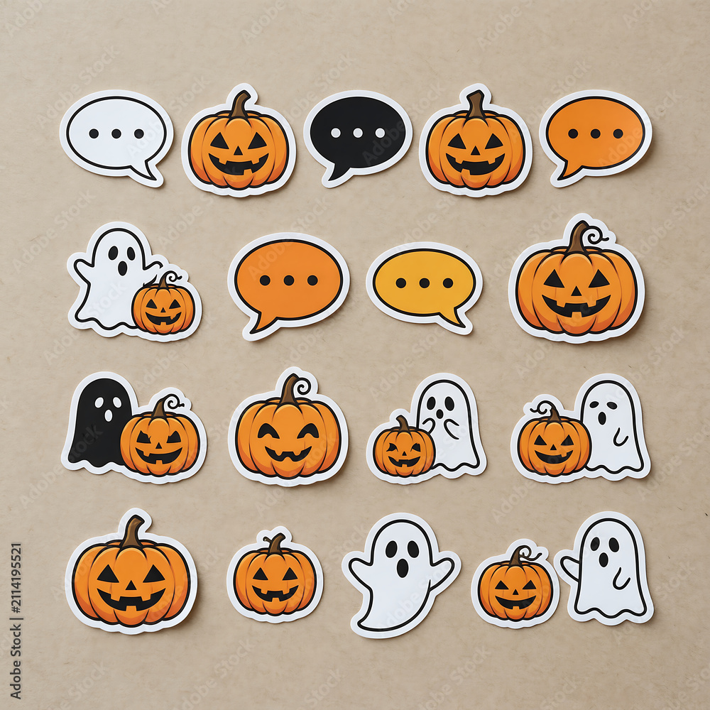 Obraz premium Halloween sticker collection featuring spooky ghosts, carved jack o lanterns, and festive speech bubbles set