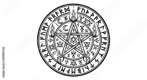 Photography Black and white tattoo style illustration of a ritual summoning circle featuring ancient runes, a central pentagram star, burning candles, and occult symbols on white background