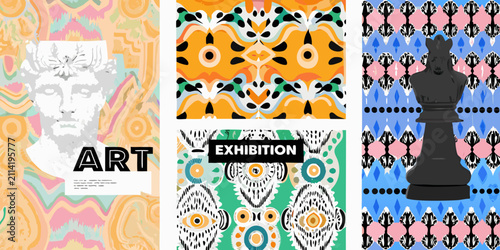 art exhibition posters with colorful patterns and chess piece graphic design modern eclectic illustration vector background scenic composition gallery museum culture creativity abstract