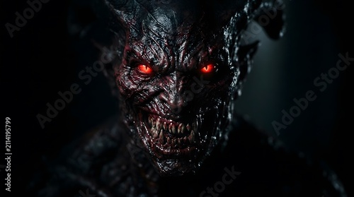 A terrifying demon with glowing red eyes emerging from darkness for a spooky happy halloween holiday background