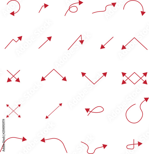 Collection of red arrow vector illustrations displaying various curves and directional movements on a white background