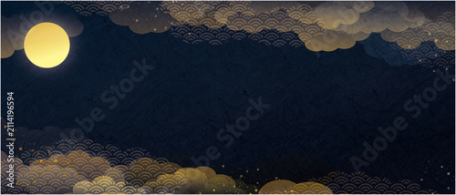 満月と金雲が美しい和紙風のお月見和風背景イラスト